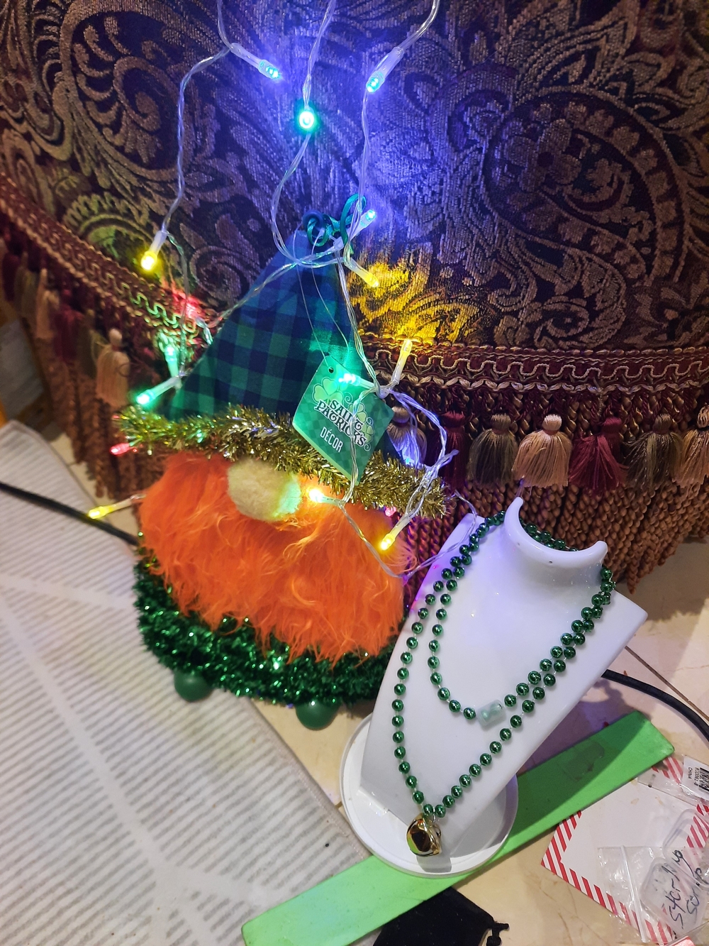 Festive 3 Piece GNOME hanging DECORÉ Bead Jingle Bell Necklace LED string lights
